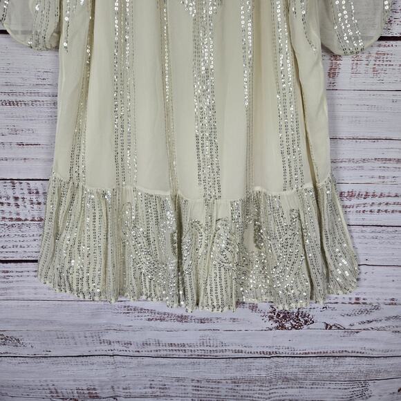 Carolina K Dress M Cream Sequin Sheer Sleeve Ruffle Tier Fairy Feminine Showgirl - Picture 4 of 15